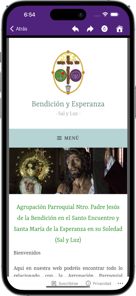 Écran de l'application mobile montrant les informations historiques et religieuses pour la confrérie Bendicion y Esperanza à Séville