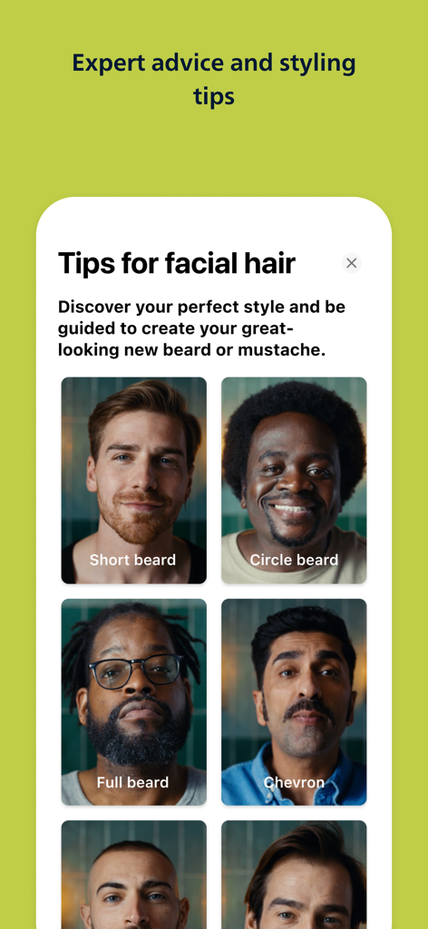 Philips OneBlade (Daily Care) - Philips OneBlade app screen showing various facial hair styles and grooming tips
