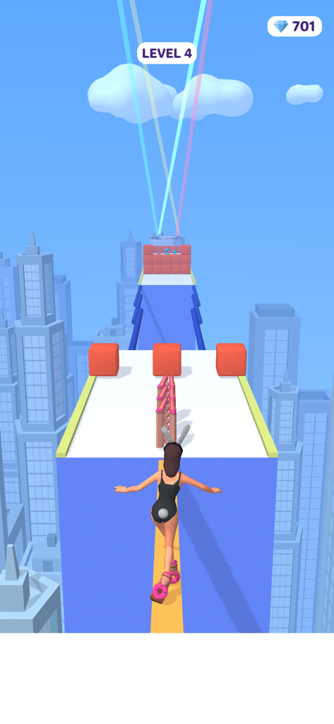 High Heels! - Gameplay screenshot of High Heels showing a character walking on a narrow platform over a city skyline