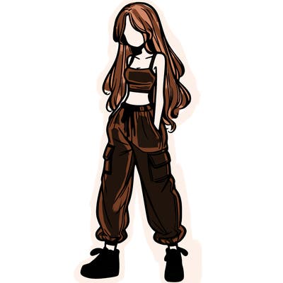 girl in baggy pants crop top and long hair