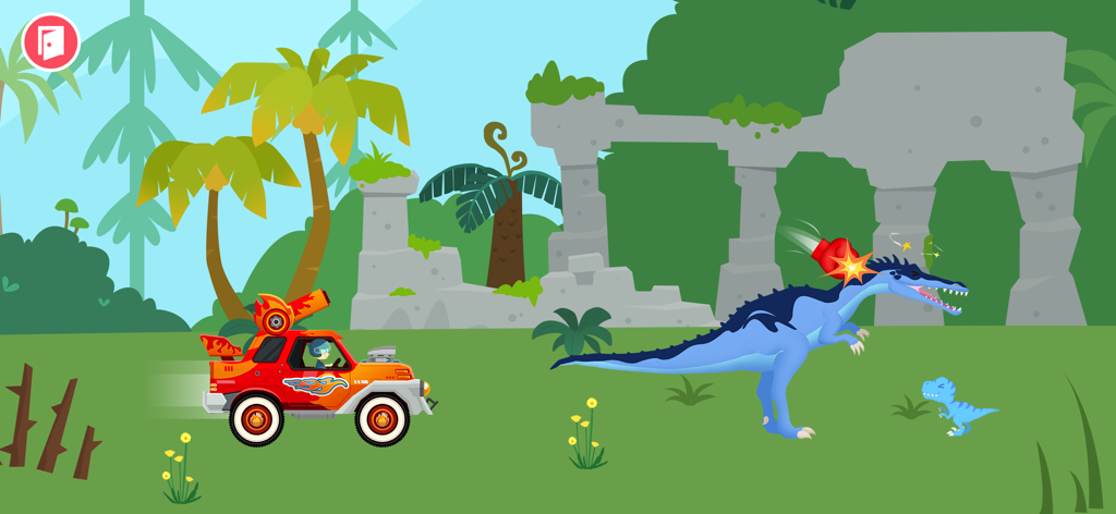 Dinosaur Guard Games for kids - A red off-road vehicle with a boxing glove attachment chasing a blue dinosaur in a jungle with ruins
