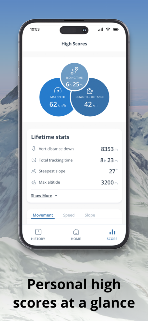 SnowTrack app interface displaying personal high scores and lifetime skiing performance metrics.