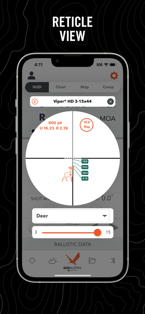 GeoBallistics - GeoBallistics app reticle view showing ballistic calculations for a deer target