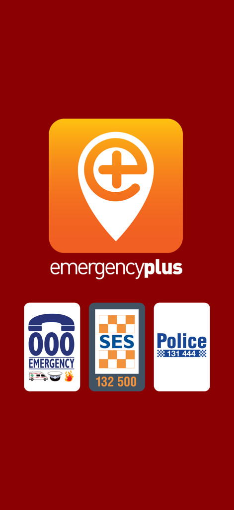 Emergency Plus app interface showing contact buttons for 000 SES and Police