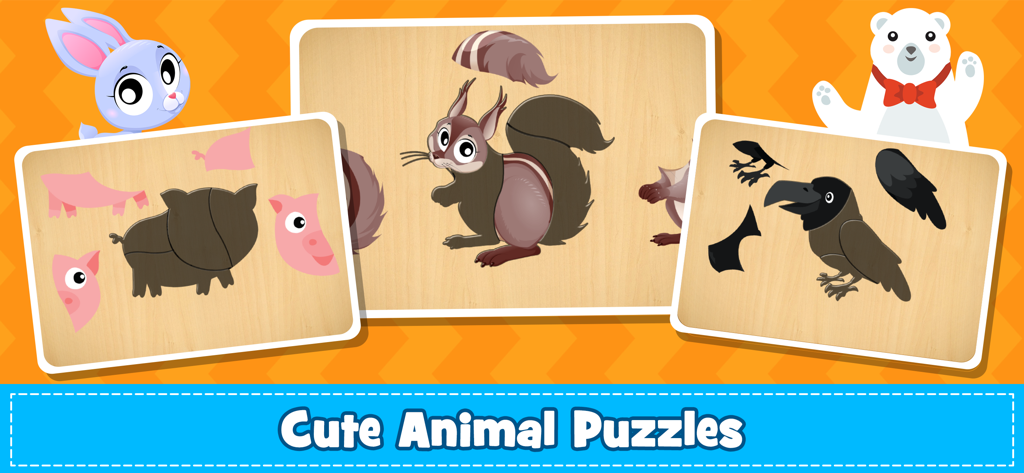 Kids Puzzle & Toddler Games 2+ - Tres puzzles de animales de madera para niños pequeños con un cerdo, una ardilla y un cuervo.