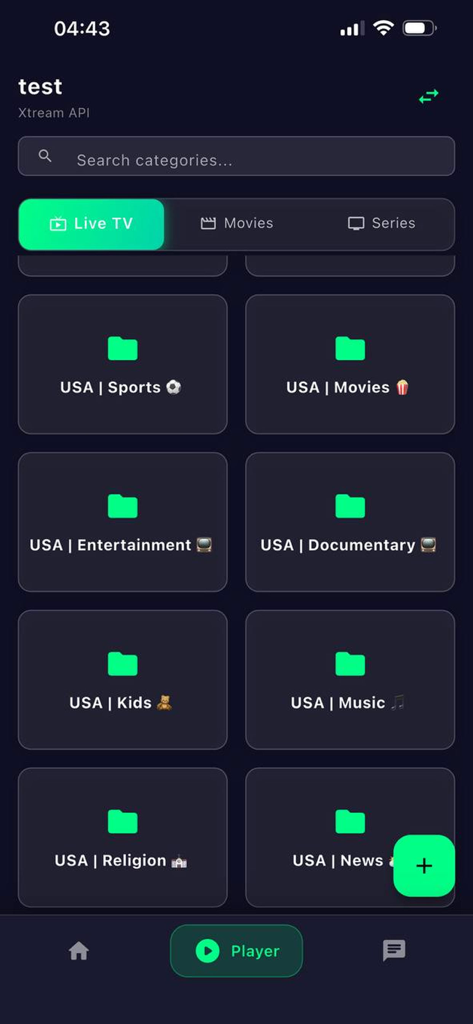 Yacine Tv: Buz Tv Score Iptv - Pantalla de la aplicación Yacine TV mostrando carpetas de categorías de TV en vivo, incluyendo Deportes y Películas.