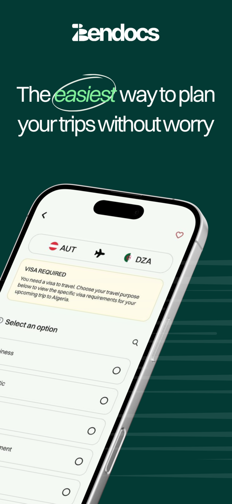 Zendocs - Interfaz de la aplicación móvil Zendocs que muestra los requisitos de visado para viajar de Austria a Argelia