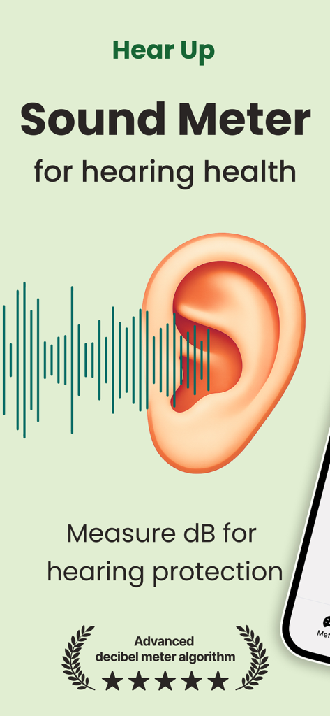 Sound Meter, dB - HearUp - HearUp sound meter app screen showing an ear illustration with sound waves and text about hearing protection
