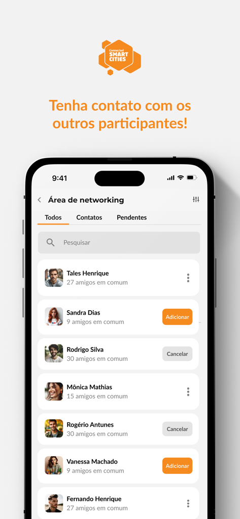 Capture d'écran de la zone de réseautage de l'application Connected Smart Cities montrant une liste de participants professionnels à l'événement.