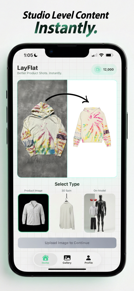 LayFlat - LayFlat app interface showing the transformation of a flat lay photo into a clean studio product image.