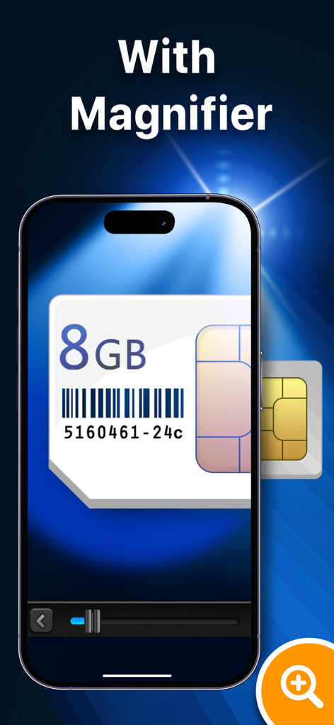 スマートフォン画面に、小さなSIMカードラベルにズームインした懐中電灯アプリの拡大鏡ツールが表示されています。