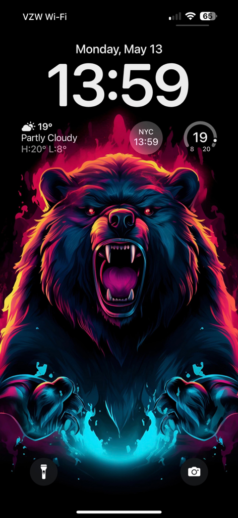Live Wallpaper 4K & Background - ネオンのクマがiPhoneロック画面ライブ壁紙で吠える鮮やかな画像