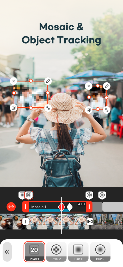 VDIT app interface showing mosaic and object tracking feature to blur faces in a video