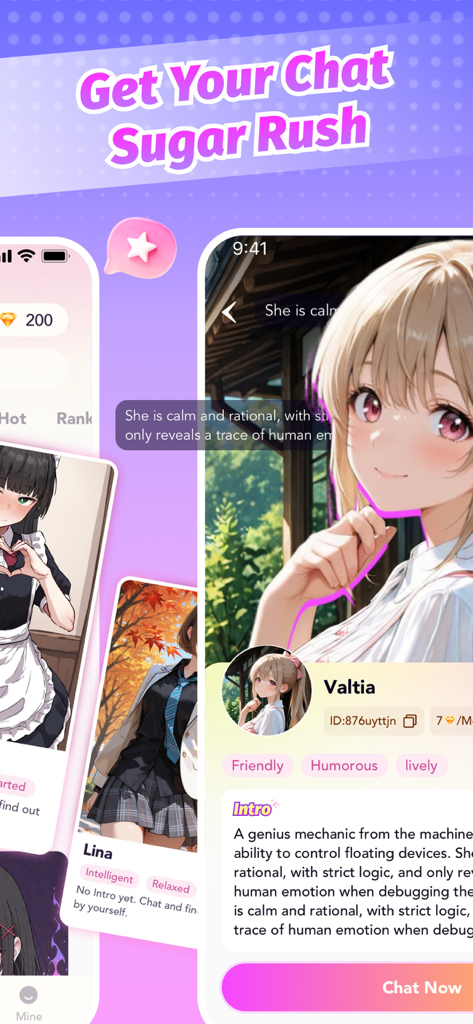Sweets AI: Anime Chat Roleplay - A selection of anime character profiles in the Sweets AI app including Valtia and Lina for interactive roleplay.