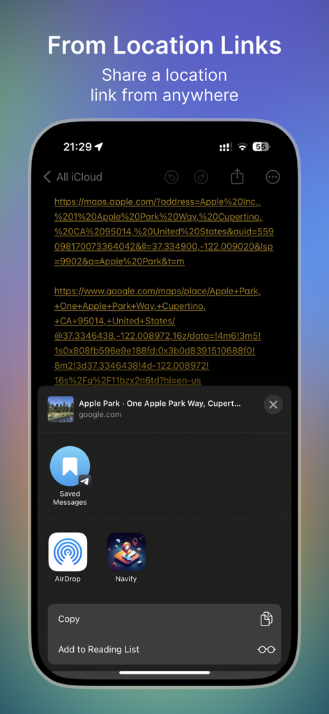 iPhone-Bildschirm zeigt das Navify App-Symbol im iOS Teilen-Menü zur Navigation von geteilten Standortlinks