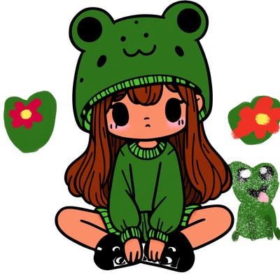 a girl wearing a frog hat and some frog socks