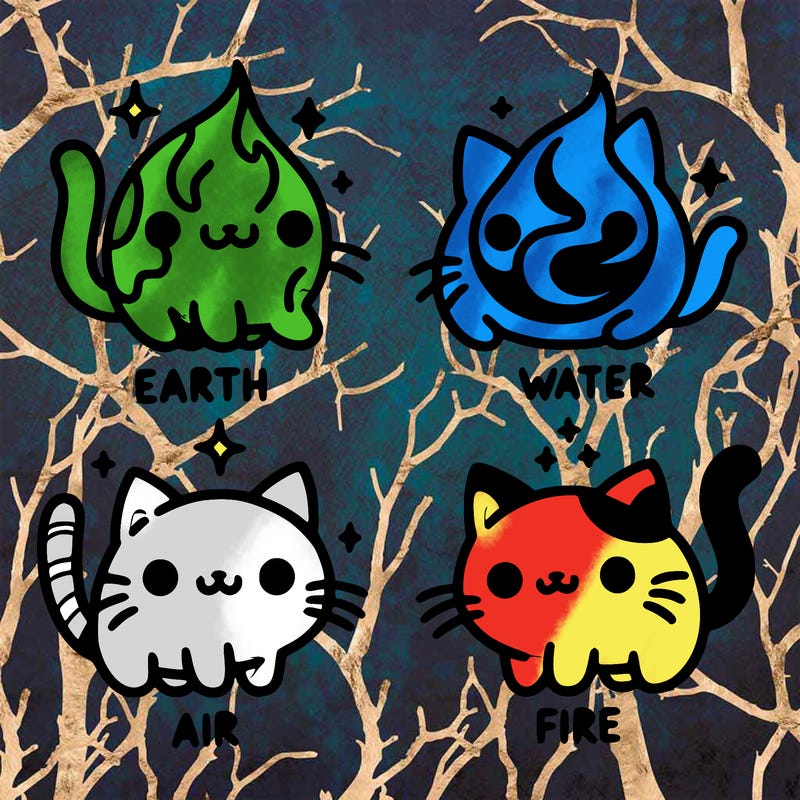 4 cats that represent the different elements, earth, water, air, and fire