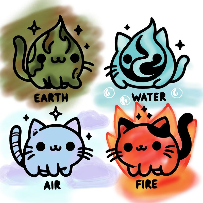 4 cats that represent the different elements, earth, water, air, and fire