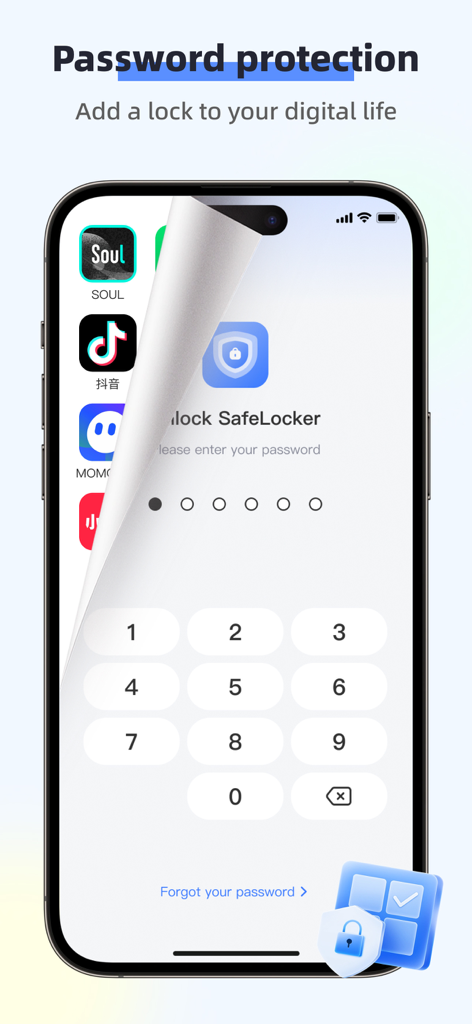 应用软件锁-软件锁、app lock、应用锁+ - Smartphone mostrando una pantalla de bloqueo con contraseña numérica de la app Safe Locker para proteger aplicaciones móviles