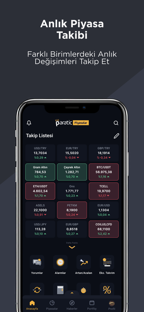 Mobile app interface showing a financial market watchlist with currency exchange rates, gold prices, and stock values in Turkish.