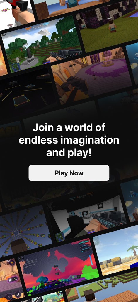 HYTOPIA: Friends & Family Fun - A collage of various blocky mini games in HYTOPIA with a Play Now button.