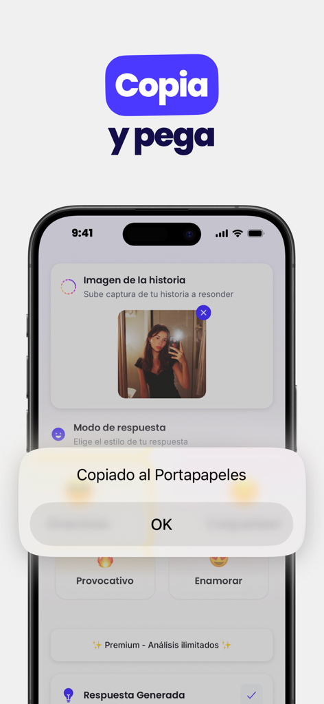 Pantalla de la app Liggo mostrando una respuesta generada copiada al portapapeles