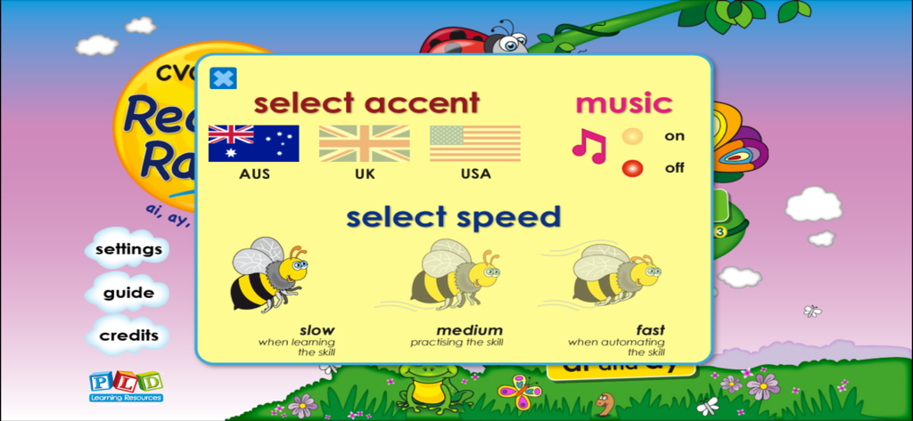 Reading Race 1d: ar, or and ai - Settings screen of Reading Race app for selecting voice accent and reading speed.