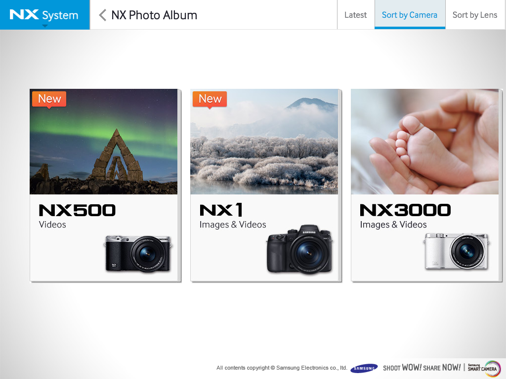 NX Photo Album interface in the Samsung Smart Camera NX app showing NX500, NX1, and NX3000 models