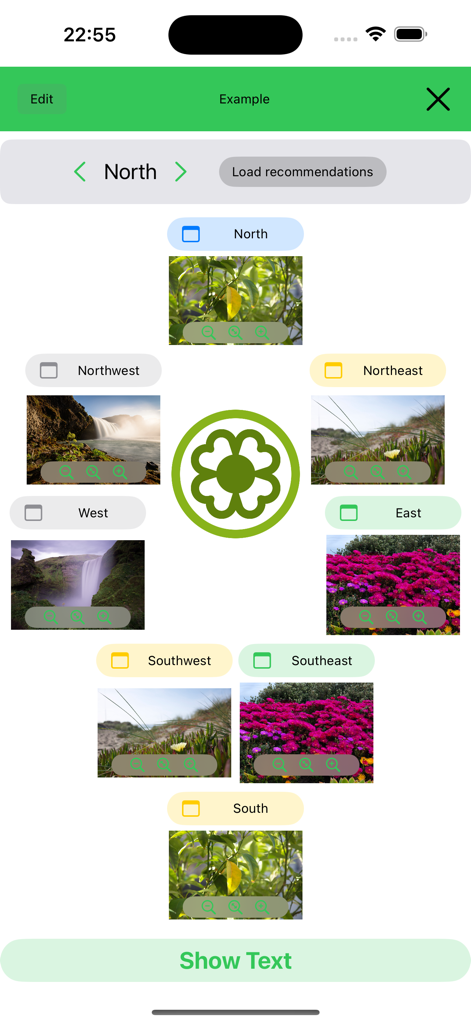 Garden Feng-Shui app screen showing a garden layout divided by compass directions with corresponding nature images
