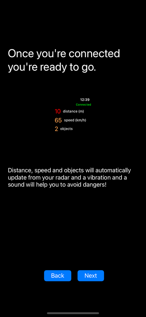ARadar - ARadar app interface showing real-time distance and speed data for objects detected by a bike radar