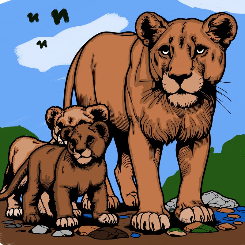 realistic lioness with two cubs