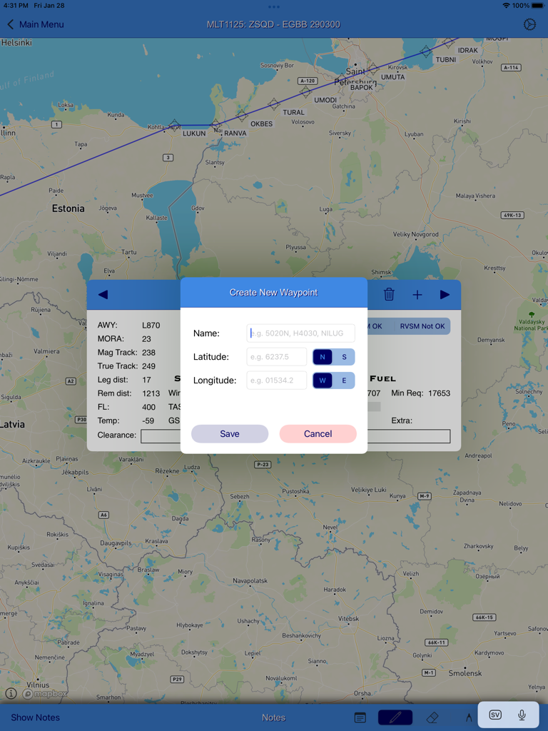 Flight Briefing - Pop-up Criar Novo Ponto de Passagem em um mapa de aviação no aplicativo Briefing de Voo.