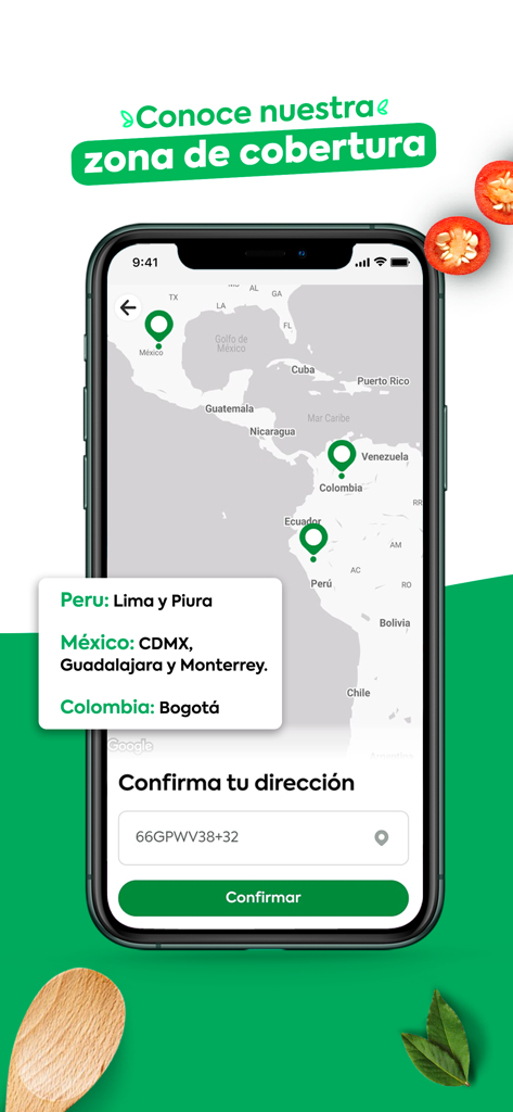 Manzana Verde - Healthy food - Interfaz de la app móvil mostrando un mapa con áreas de cobertura de entrega en México, Colombia y Perú para Manzana Verde