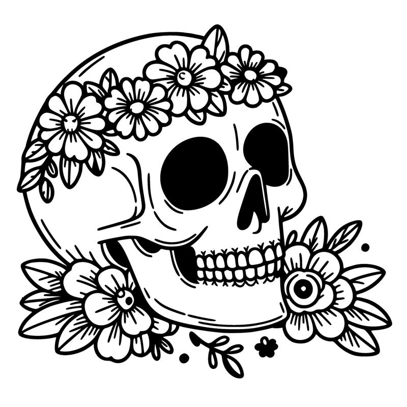 a skull with flowers coming out of it