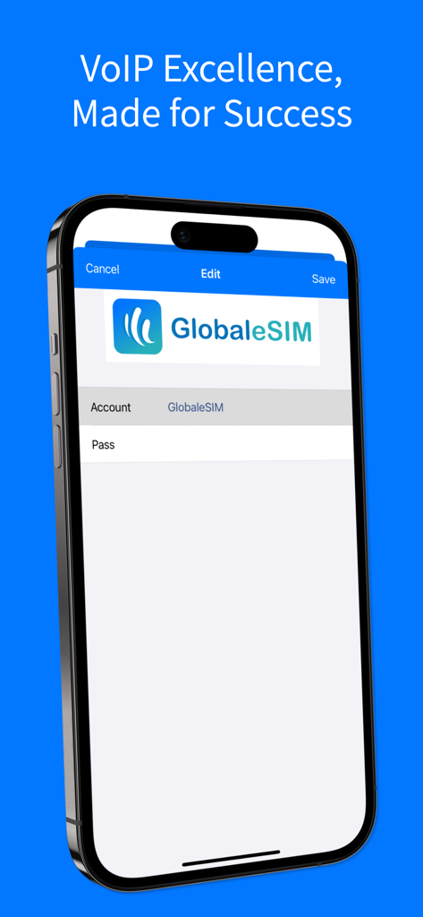 GlobaleSIM - Interfaz de la aplicación GlobaleSIM en un smartphone mostrando la configuración de la cuenta VoIP y la pantalla de configuración