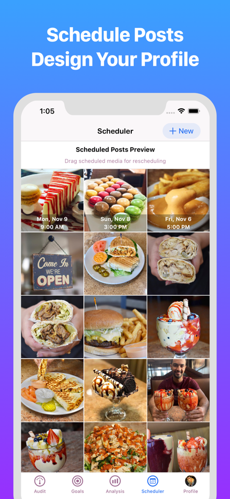 InsTrack app interface showing the scheduled posts preview and grid planner for Instagram