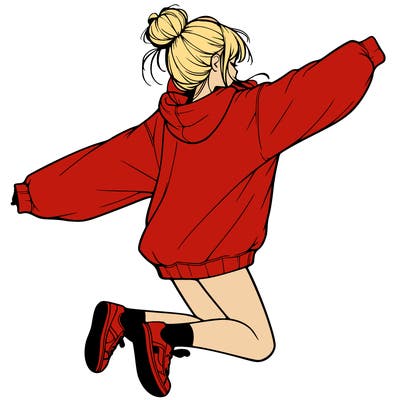 realistic girl jumping with a bun and oversized sweatshirt