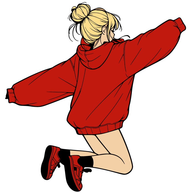 realistic girl jumping with a bun and oversized sweatshirt
