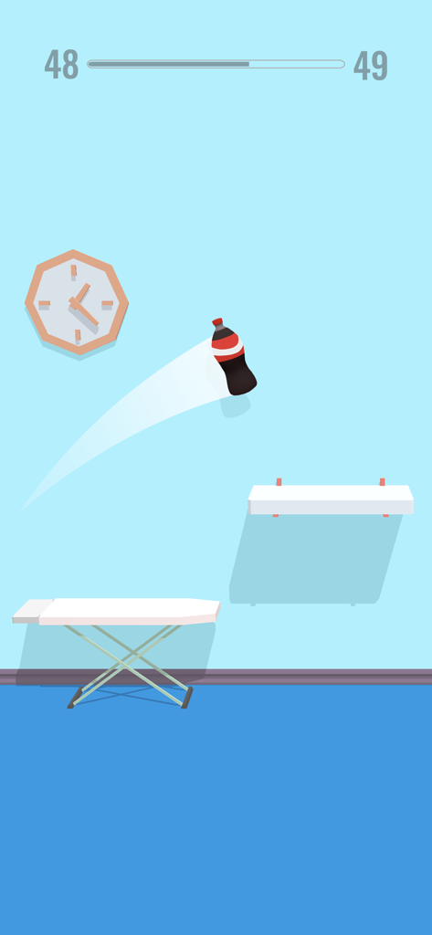 A soda bottle performing a flip over an ironing board in a domestic setting within the Bottle Jump 3D game.
