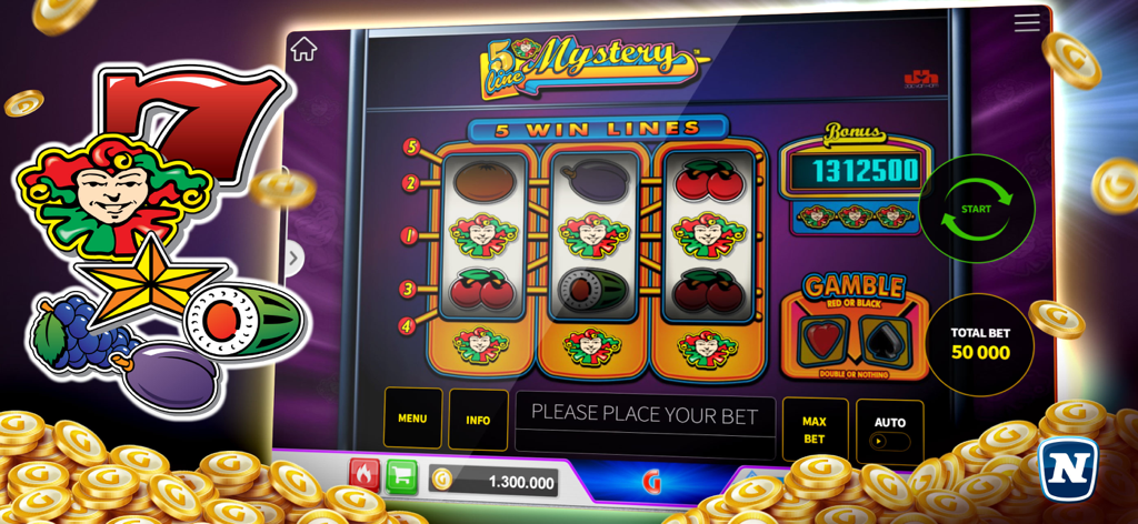 Gaminator Casino Slots & Games - Gaminator Casino의 5 Line Mystery 슬롯 머신 게임 플레이 스크린샷, 복고풍 과일 기호와 가상 금화 표시