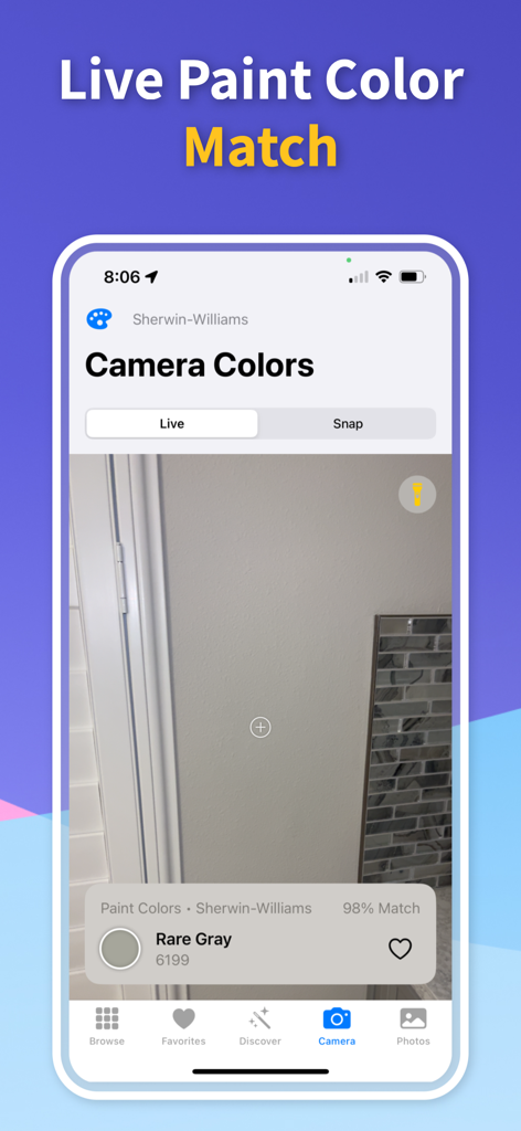 Color Identifier: Paint Match - Smartphone screen displaying live camera color matching for Sherwin Williams paint