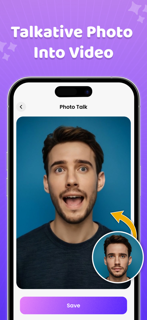 AI Face Talk : Photo Animator - AI Face Talk app interface showing a static portrait photo being animated into a talking video