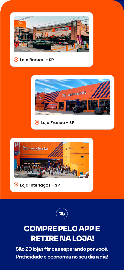Tres locales de tiendas físicas de Loja do Mecânico promocionando compras en la app con recogida en tienda.