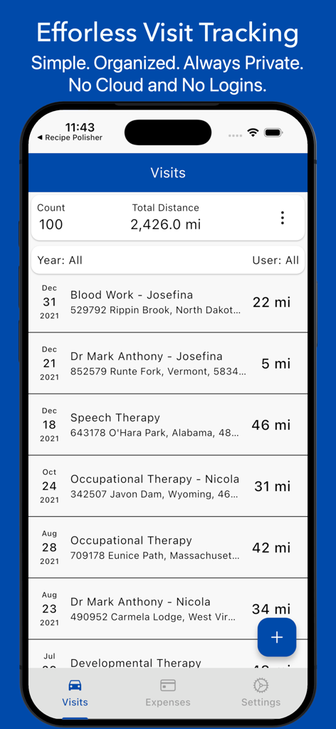 Medical visit tracking interface displaying appointment history and travel mileage.