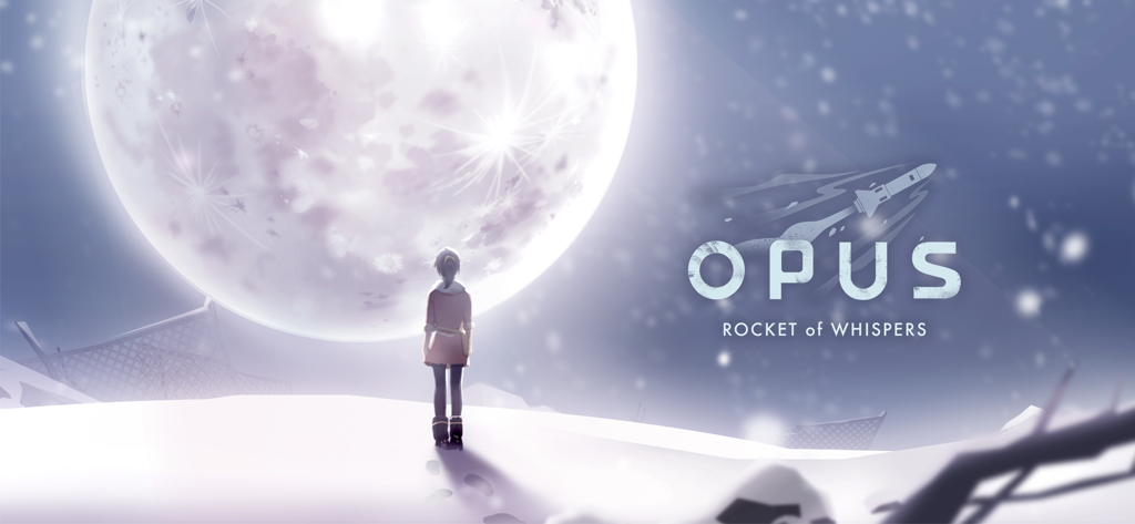 Character standing in a snowy landscape under a massive glowing moon in OPUS Rocket of Whispers