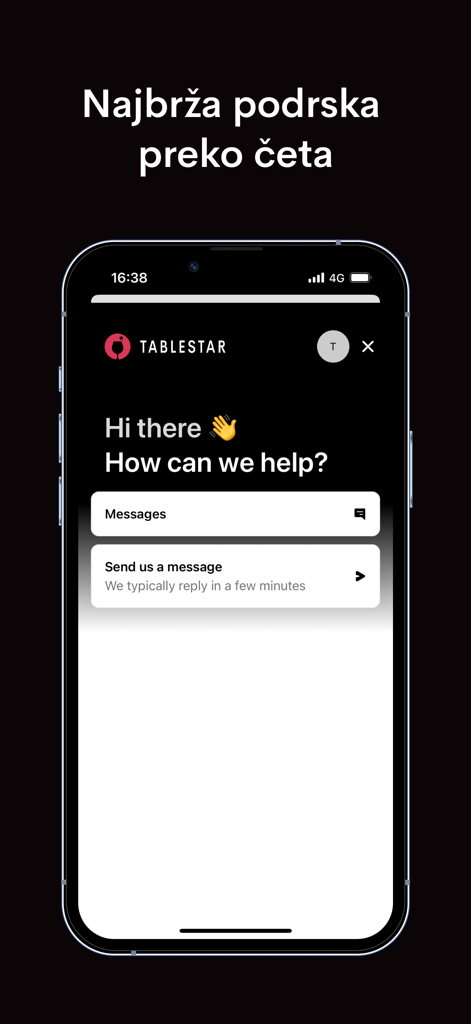 TableStar - Écran de chat du support client de l'application TableStar.