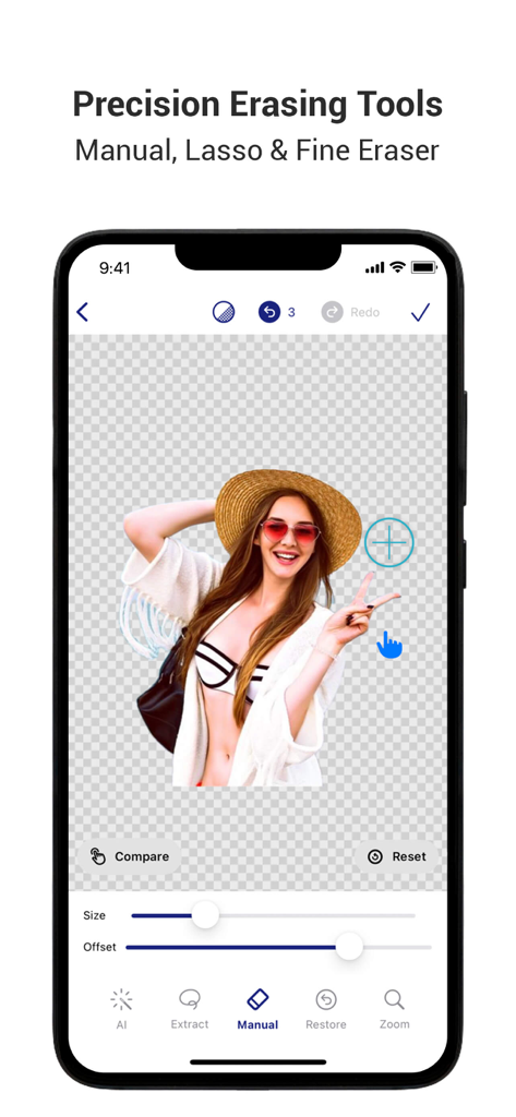 Cut Paste Photo AI Eraser - Mobile app interface showing manual precision eraser tool for background removal