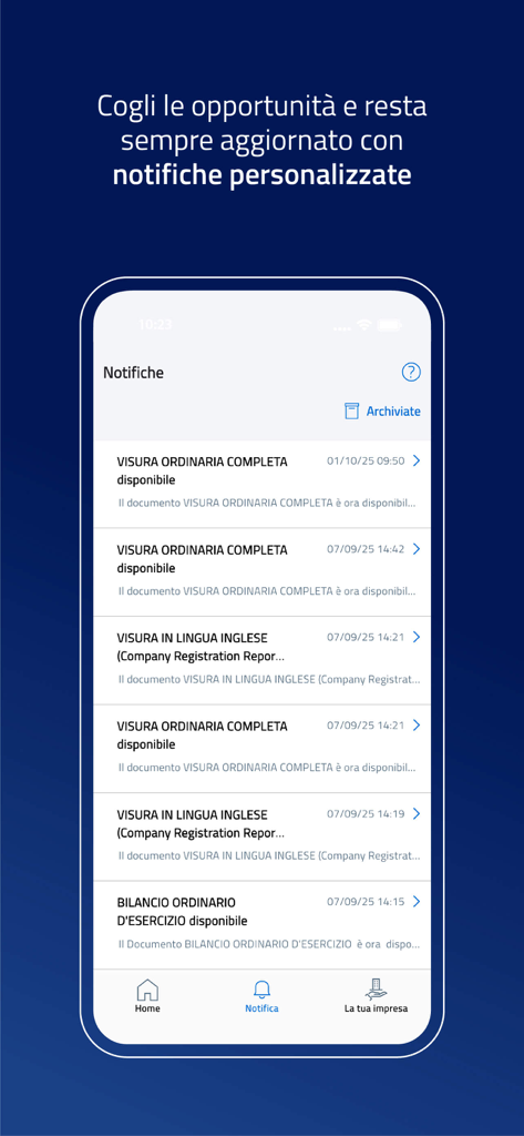 impresa italia - A list of business document notifications in the Impresa Italia app including company registration reports and financial statements.