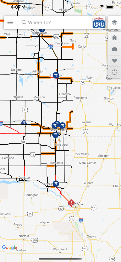 SDDOT 511 app map showing real time road conditions and camera locations in South Dakota