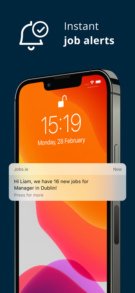 A smartphone lock screen showing a push notification for new manager job alerts in Dublin from the Jobs.ie app